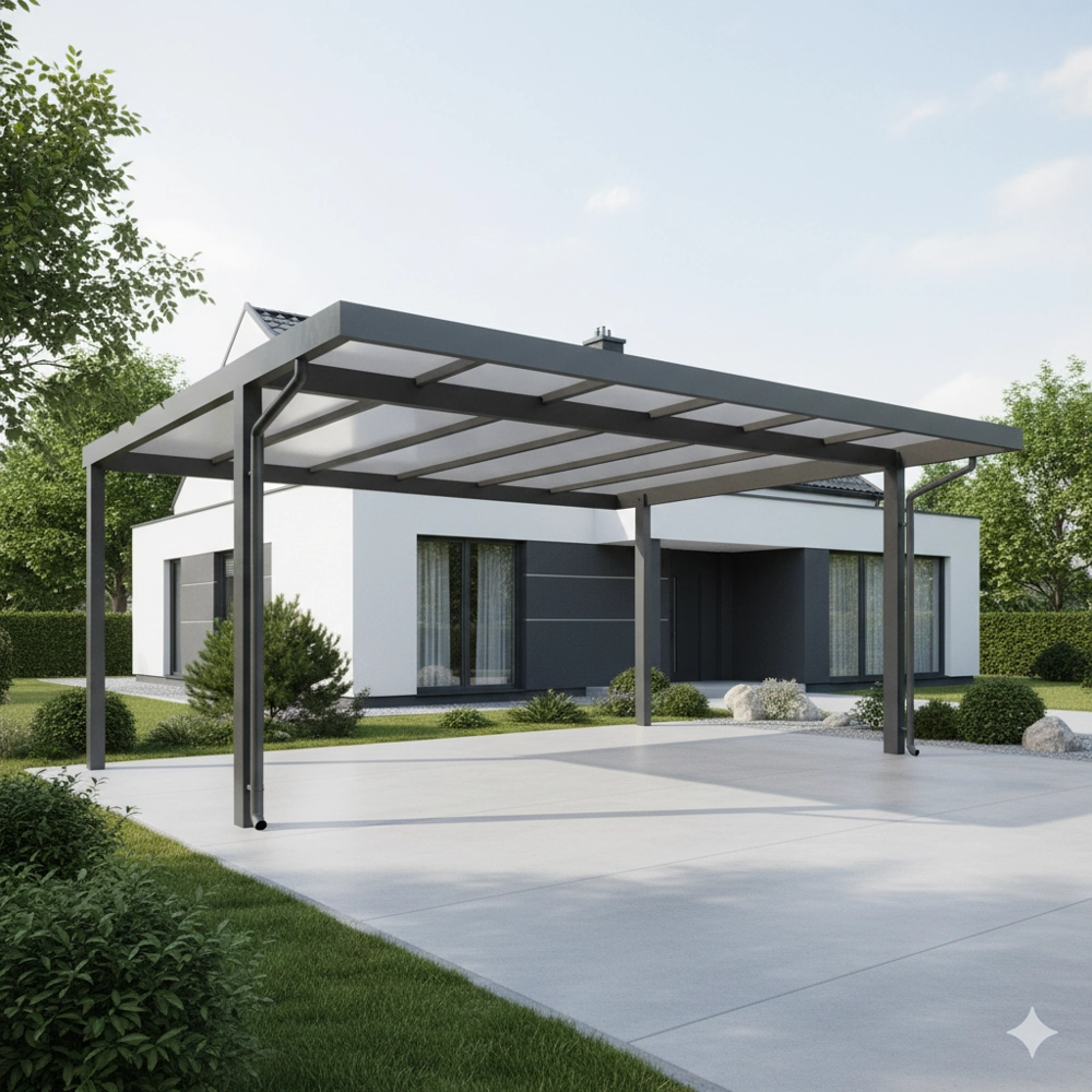 Przestronny carport z przezroczystym dachem przed nowoczesnym domem jednorodzinnym