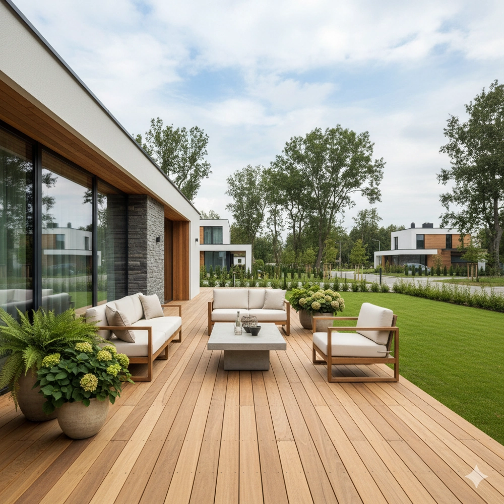Tarasy drewniane z meblami wypoczynkowymi i roślinami przy nowoczesnym domu