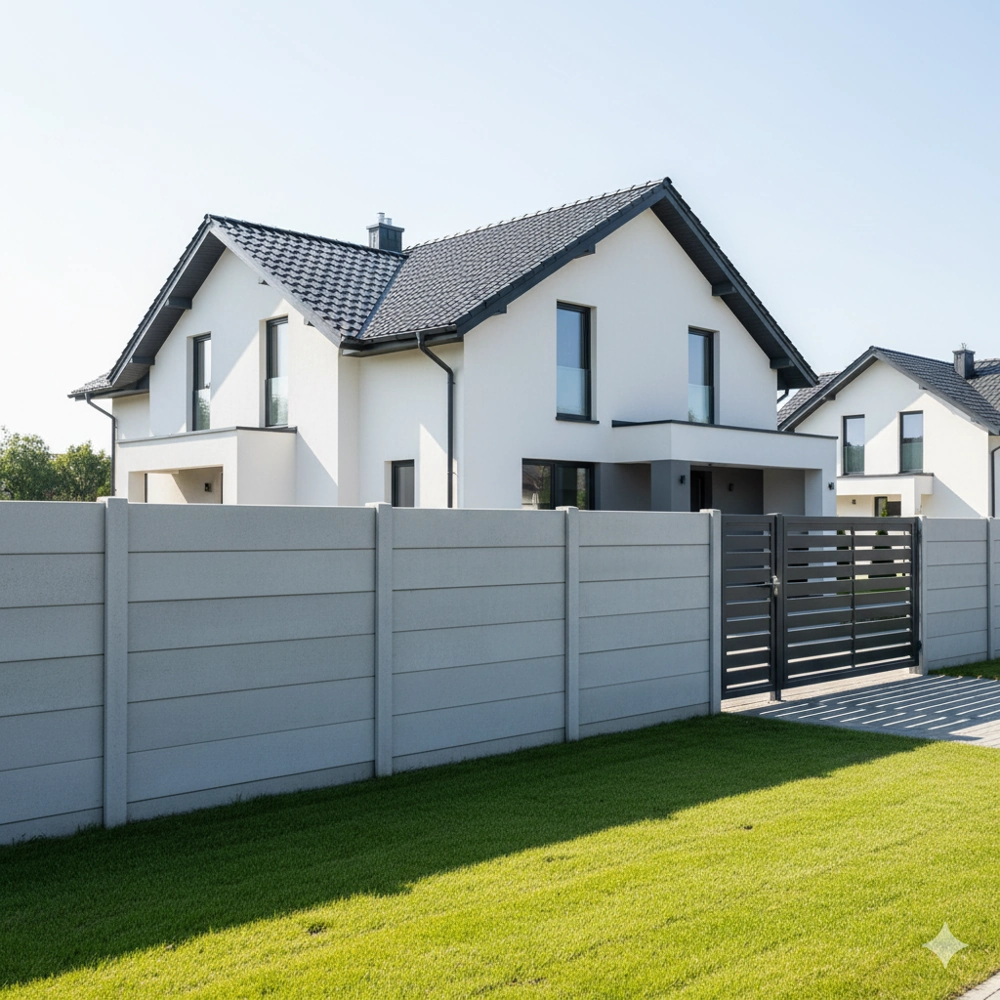 Ogrodzenia betonowe z bramą wjazdową na posesji nowoczesnego domu jednorodzinnego