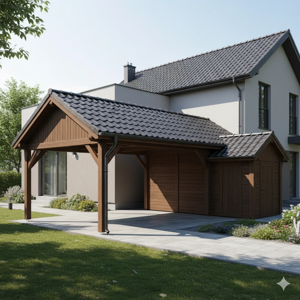 Carport z drewnianą konstrukcją przy nowoczesnym domu jednorodzinnym z blachodachówką