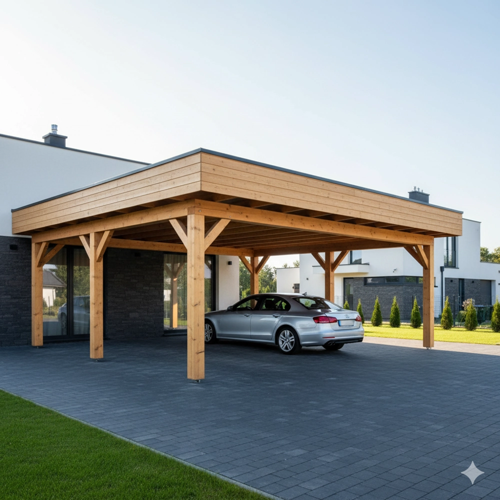 Carport: drewniana wiata przy nowoczesnym domu z zaparkowanym samochodem na podjeździe z kostki brukowej