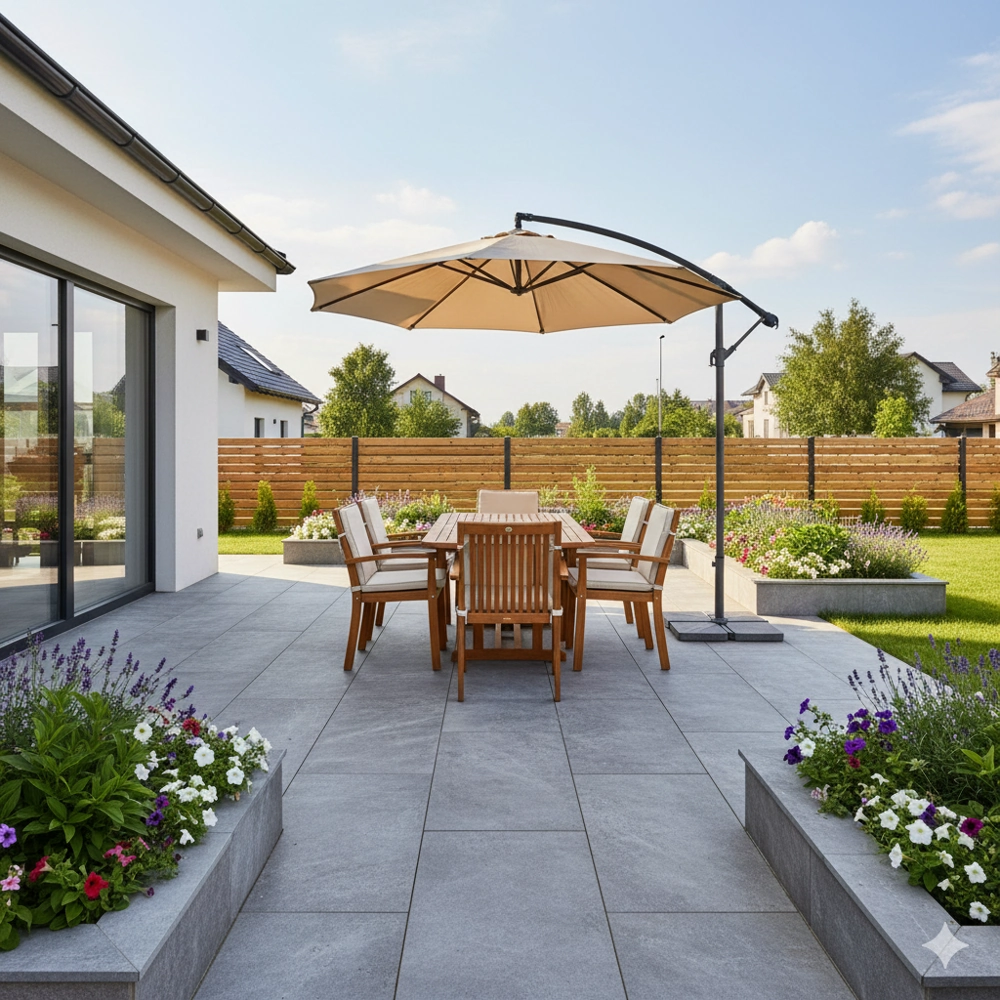 Taras z dużymi betonowymi płytami, drewnianym stołem z krzesłami pod parasolem i kwietnikami